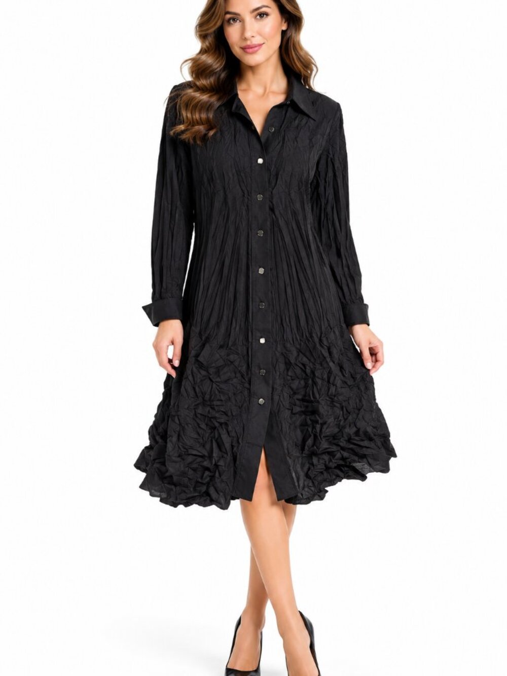 Marie Saint Pierre Black Crinkle Textured Button Front Shirt Dress